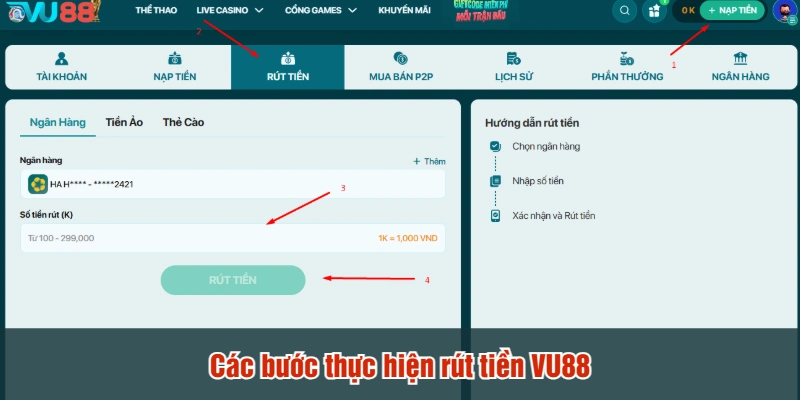 Các bước thực hiện rút tiền VU88