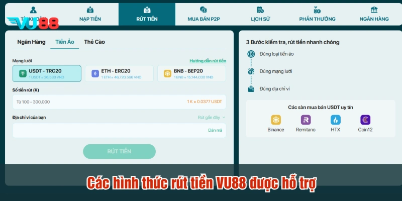 Các hình thức rút tiền VU88 được hỗ trợ