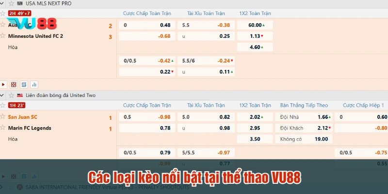 Các loại kèo nổi bật tại thể thao VU88