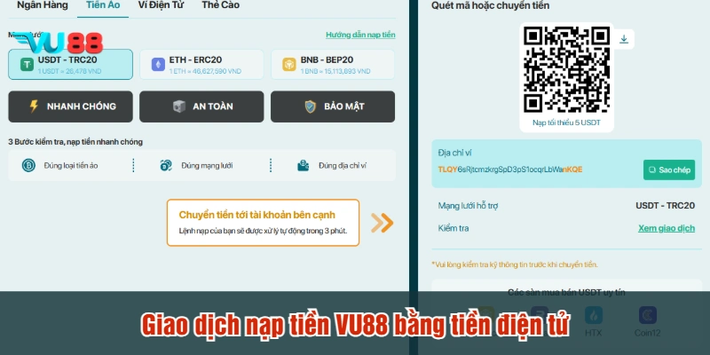 Giao dịch nạp tiền VU88 bằng tiền điện tử