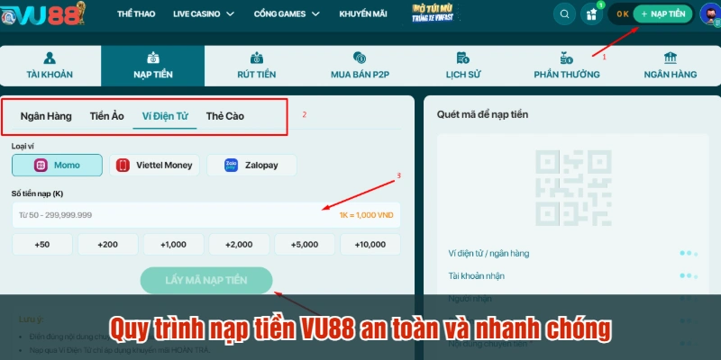 Quy trình nạp tiền VU88 an toàn và nhanh chóng